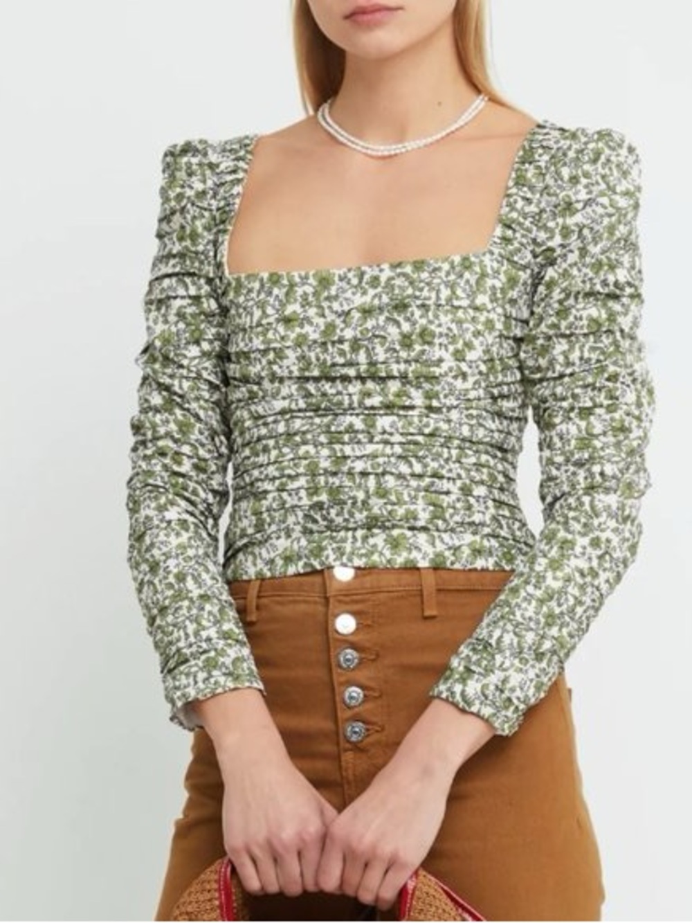 Square-Neck Smocked Floral Blouse in Green